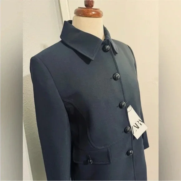 Zara Navy Blue Luxury Lapel Collar Long Sleeves Short Pocket Coat Medium NWT - Picture 5 of 9